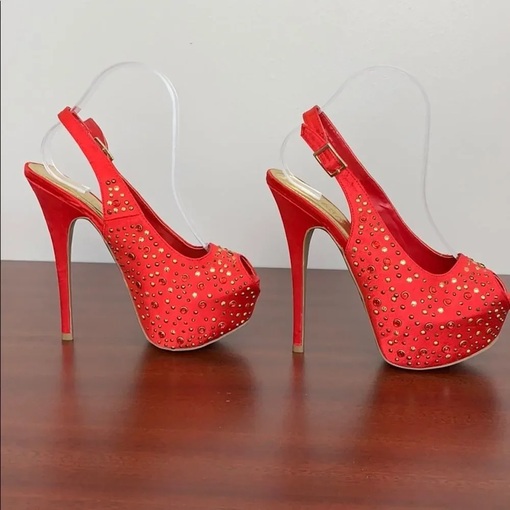 Liliana , Red Jeweled Silk Platform Shoe
